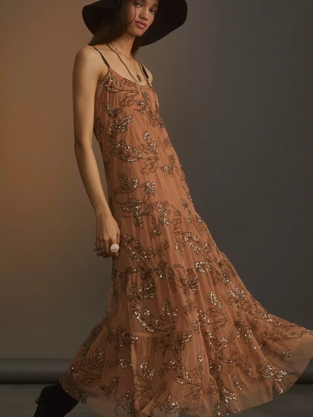 Anthropologie Sequined Tulle Midi/Maxi Dress Tan Embroidered Wedding Guest XS - Picture 2 of 12